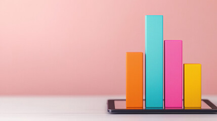 Poster - Colorful bar graph on mobile screen against a pink background, representing business data and analytics in a modern, digital context.