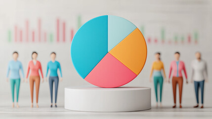 Poster - Colorful pie chart with diverse group of people in the background, representing data analysis, teamwork, and business strategy.