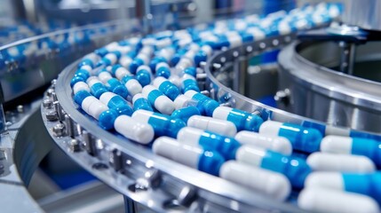 A pharmaceutical conveyor line carries blue and white capsules in a modern manufacturing facility, showcasing advanced medicine production and automation in the healthcare industry