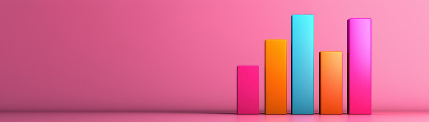 Poster - Colorful bar graph with pink background representing data analysis and business growth. Vibrant chart with different heights showcasing statistics.