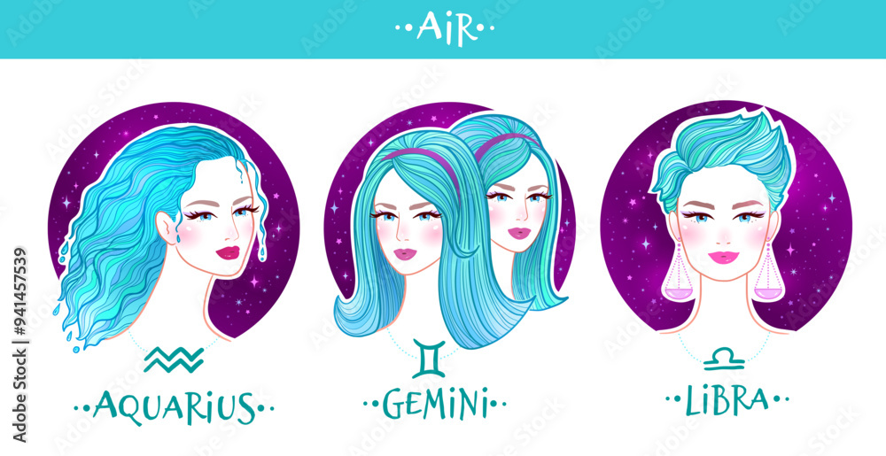 Air zodiac signs girls collection. Vector color illustration of ...