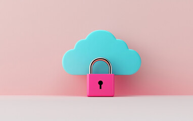 Poster - Creative digital concept, cloud icon symbolizing data storage security with a pink padlock against a soft pink background, minimalist design