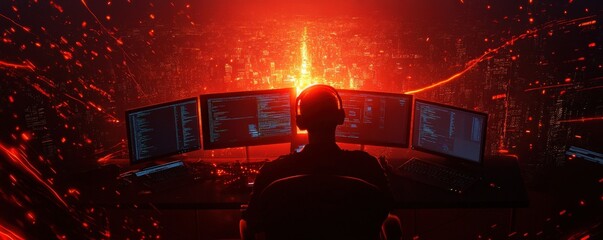 A focused individual works in a dark room, illuminated by the glow of multiple screens displaying data and graphics.