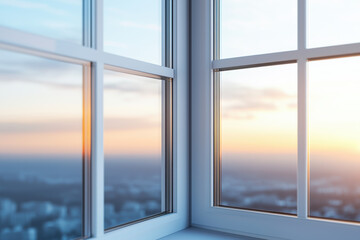 Poster - A serene view of a modern window frame with a cityscape background, showcasing the soft hues of a sunset reflecting off the glass.