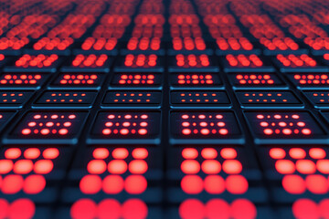 Poster - close-up of led light patterns on a digital surface, glowing in red colors. modern technology backgr