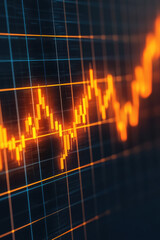 Poster - Close-up of an orange stock market graph on a dark background, displaying data trends, fluctuations, and financial analysis.