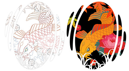 Wall Mural - Carp tattoo design, Japanese irezumi koi fish style, oriental painting. Buddhist pattern illustration Line artwork included 건대타투, 타투달 