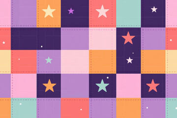 Poster - Vibrant multicolored patchwork pattern with stars. Ideal for textiles, backgrounds, and digital designs. Bright and playful geometric elements.