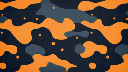 Poster - Bright and bold orange and grey camouflage pattern background, abstract shapes and dots creating dynamic visual effect.