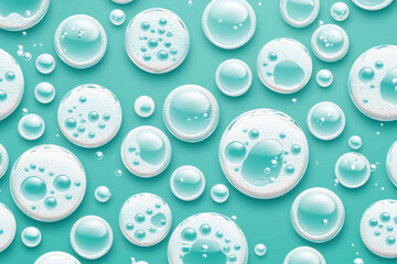 Poster - Abstract image of soap bubbles on turquoise background. Clean and fresh theme with circular patterns. Ideal for hygiene, cleaning, and freshness concepts.