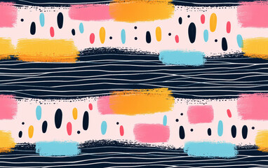 Poster - Bright multi-colored abstract pattern with bold brush strokes and dots on a soft background, perfect for contemporary design projects.