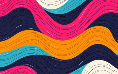 Poster - Vibrant abstract wave pattern with colorful curved lines in pink, orange, blue, and black creating a dynamic and energetic background design.