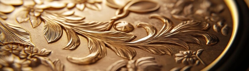 Close-up of intricate floral engraving on a shiny gold surface, showcasing rich textures and elegant craftsmanship.