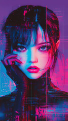 Wall Mural - Anime Manga Art Synthwave Girl with Cool Vibes Phone Wallpaper Background