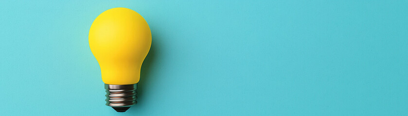 Poster - Bright yellow light bulb on a solid turquoise background, symbolizing ideas, innovation, and creativity. Perfect for business and technology concepts.