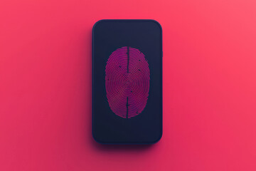 Poster - Smartphone displaying a glowing fingerprint scanner on vibrant pink background, emphasizing digital security and biometric technology.