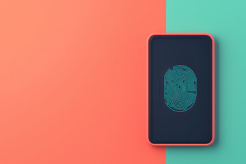 Poster - Smartphone screen with fingerprint icon on a vibrant coral and teal background, illustrating digital security and biometric authentication.