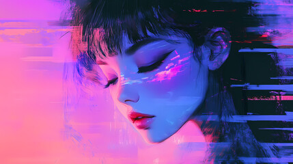 Wall Mural - Anime Manga Art Synthwave Girl with Cool Vibes Phone Wallpaper Background