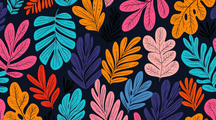 Poster - Colorful  pattern with abstract leaves in various shapes and vibrant colors on a dark background. Perfect for wallpaper or fashion design.