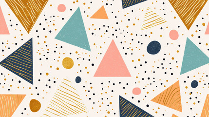 Poster - Geometric abstract  pattern with colorful triangles, circles, and dots on a white background. Modern and trendy design for wrapping paper and textiles.