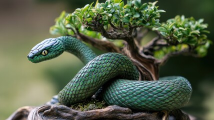 Wall Mural - Green snake made of wood intertwined with a bonsai, representing the Chinese New Year 2025.