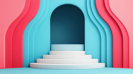 Poster - Modern abstract architectural design with arched doorway, layered pastel blue and pink walls, and white steps, creating a minimalist and vibrant visual effect.