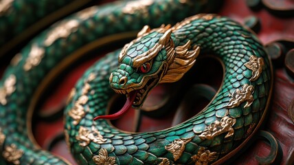 Wall Mural - Beautifully crafted green snake with gold details and red tongue, marking the 2025 Chinese zodiac.