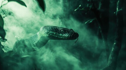 Wall Mural - Green wooden snake with emerald eyes on a dark background.