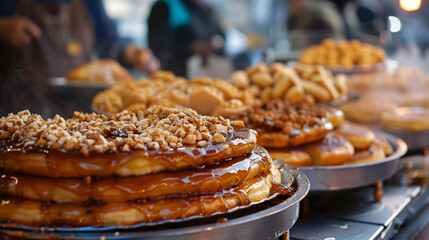 a selection of sweet korean hotteok pancakes filled with brown sugar and nuts, displayed at a bustli