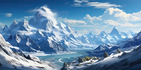 Winter snow ice mountain rock hill scene panorama. Adventure trip journey explore wild scene view