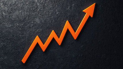 Poster - Orange zigzag arrow pointing upwards on dark textured background, symbolizing growth, progress, success, and upward trends in business or data.