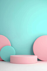 Modern abstract composition with pastel pink and blue circular shapes on clean turquoise background, ideal for minimalist design concepts.