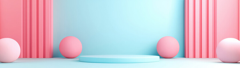 Poster - Minimalist pastel pink and blue abstract background with geometric shapes, podium, and soft lighting. Ideal for product presentation or advertisements.