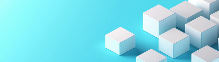 Poster - Minimalistic  white cubes on a blue background. Modern geometric shapes with clean design, perfect for abstract and tech visuals.