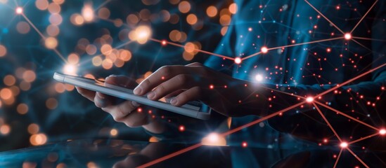 Aufkleber - Hands using a tablet with a digital network symbolize the fusion of technology, communication, and modern digital practices, showcasing our interconnected digital world and innovative tools