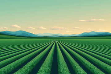 Beautiful panoramic view of a lush green field with neatly lined crops extending towards distant mountains under a serene sky.