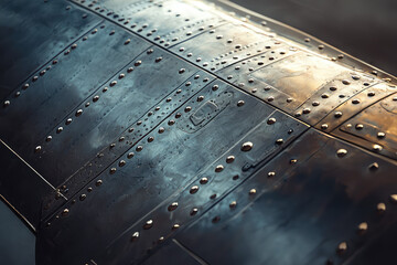 Intricate Craftsmanship: A Close-Up of a Photorealistic Airplane Wing Highlighting Metallic Textures and Water Droplets