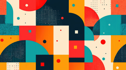 Poster - Colorful abstract geometric pattern with vibrant shapes, squares, and circles. Modern design background with dynamic composition and bold colors.