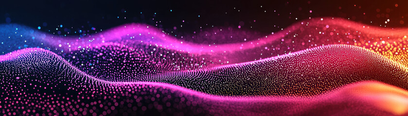 Poster - Vibrant abstract digital wave of particles in motion with pink and orange colors, representing technology, data, and futuristic concepts.