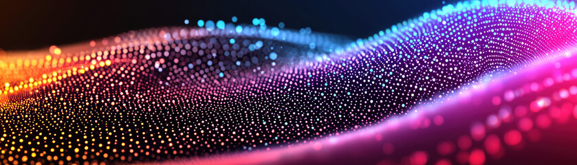 Poster - Colorful wave of neon lights with a bokeh effect creating an abstract digital landscape. Futuristic and vibrant visual representation perfect for technology themes.