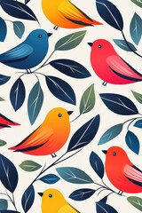 Colorful illustration of birds perched on branches with vibrant leaves against a white background, creating a cheerful and lively design.