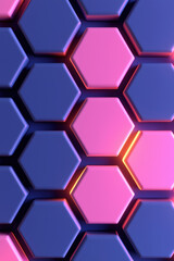 Poster - Modern abstract design with pink and blue hexagonal patterns illuminated by subtle lighting, creating a futuristic and geometric aesthetic.