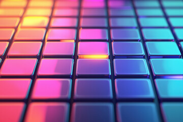 Poster - Close-up of colorful, glossy square tiles reflecting light, creating a vibrant and futuristic mosaic pattern. Perfect for technology or design concepts.