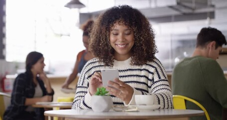 Canvas Print - Smile, phone or face of happy woman in coffee shop on social media for meme or web notification. Mobile app, news or biracial person in cafe texting, typing online or reading a funny joke on a post