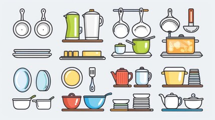 Wall Mural - A collection of dishes and utensils on a shelf, useful for kitchen or dining scenes