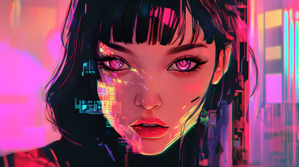 Pink Synthwave Girl in Anime Manga Art Style Stunning Wallpaper