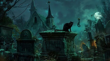 Wall Mural - A spooky cemetery at night with old, weathered tombstones, a black cat perched on a gravestone, and a spectral figure floating among the graves