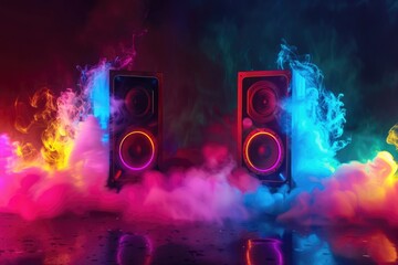 Two speakers with colorful smoke effects in the background, perfect for music performances or concerts