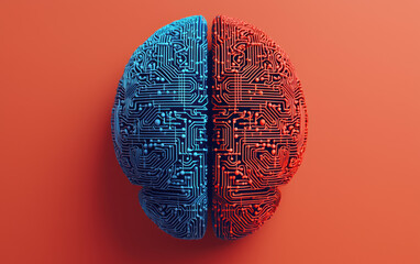 Poster -   of a brain split into blue and red halves, showcasing complex circuitry and neural connections, highlighting artificial intelligence.