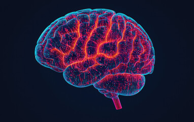 Poster - Digital illustration of a human brain with neural network patterns illuminated in blue and red, showcasing technology and medical science.